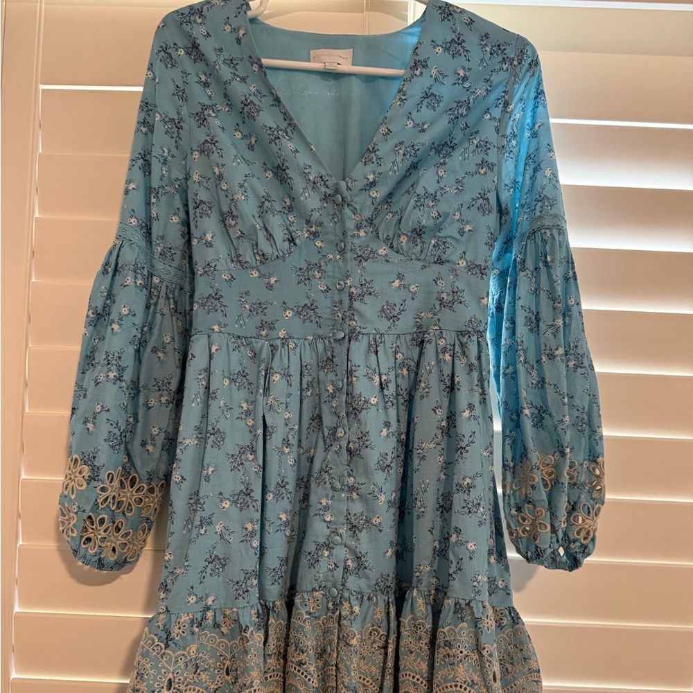 Blue Mini Sundress with Bishop Sleeves and V-Neck